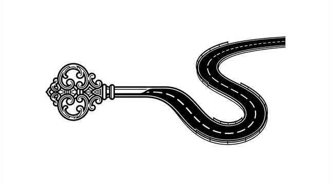 Ornate vintage key handle seamlessly transitioning into a winding asphalt highway road illustration with sharp black lines and artistic high contrast graphic design style elements.