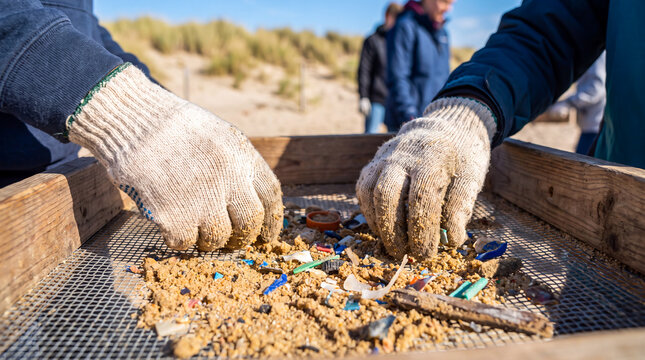 Volunteers wearing protective gloves sifting coastal sand through a wooden mesh screen to collect microplastics on a beach