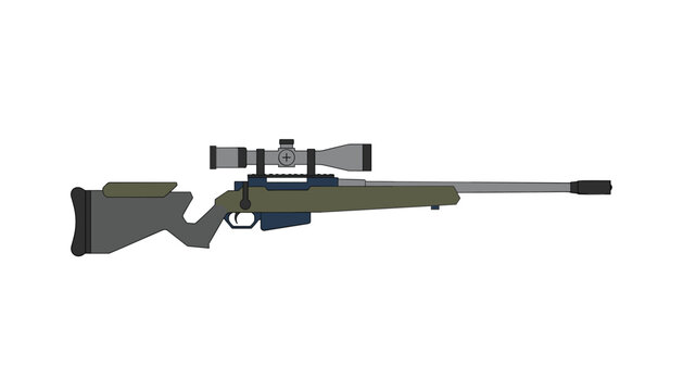 Detailed side profile illustration of a modern sniper rifle with a telescope sight on a white background.