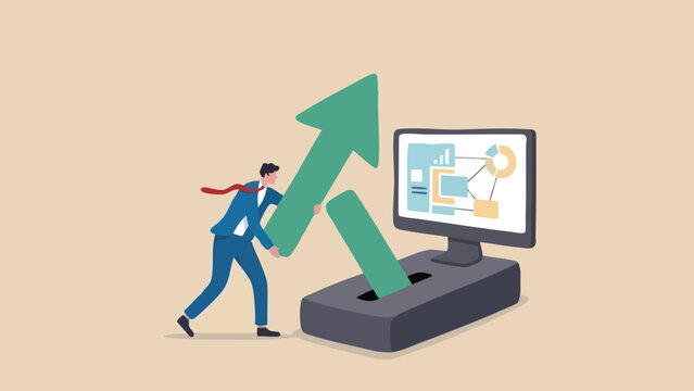 Businessman inserting a large green upward arrow into a computer monitor slot display