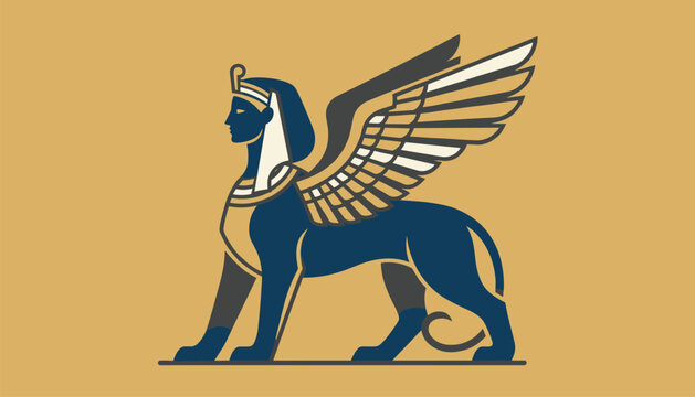Golden and blue mythological winged sphinx standing proudly in a stylized ancient Egyptian art style.