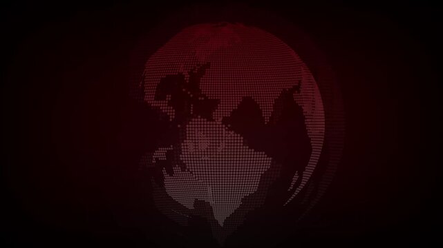 Dotted globe animation reveals continents in red on dark. Continental telemetry tracks on dotted globe animation. Communication networks route on this dotted globe animation.