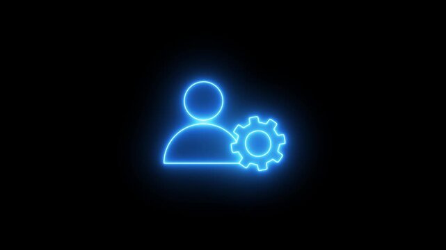 Neon user settings icon with a glowing profile and gear, representing account configuration, user preferences, system settings, and profile management.