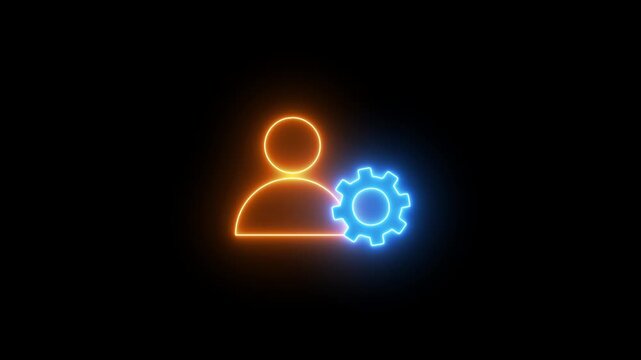 Neon user settings icon with a glowing profile and gear, representing account configuration, user preferences, system settings, and profile management.