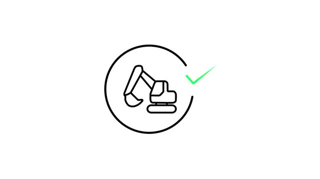 Excavator Digger Line Icon Animation with Checkmark Inside Circle Animated Motion Graphic Video Element for Construction Industry