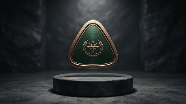 3d World Sale Badge Collection abstract background  design nwe 2026 Military triangular emblem on dark stone pedestal with laurel wreath illustration