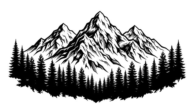Black and white mountain range with pine forest silhouette isolated on transparent background
