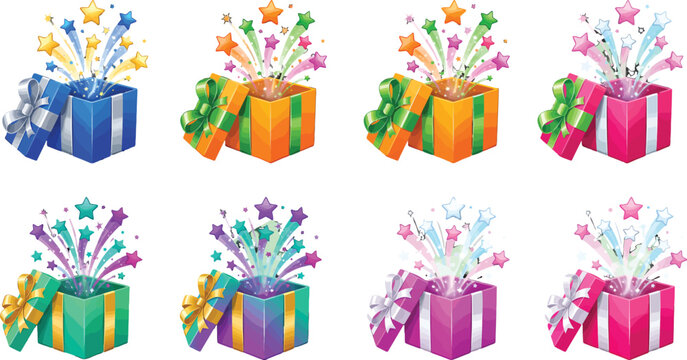 Colorful Gift Box Set with Bursting Magic Stars and Sparkles Vector Illustration