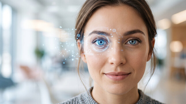 Attractive futuristic female looking directly forward showcasing a luminous digital biometric eye tracking scan absolutely perfect for high tech visions