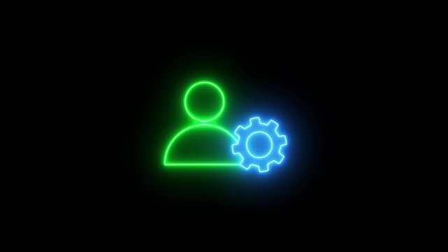 Neon user settings icon with a glowing profile and gear, representing account configuration, user preferences, system settings, and profile management.