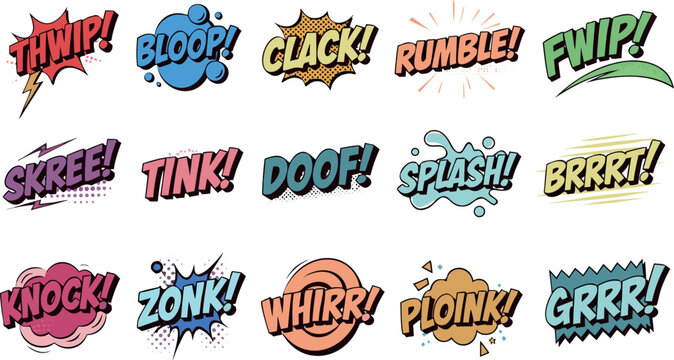 Dynamic comic book sound effects vector with thwip and bloop text