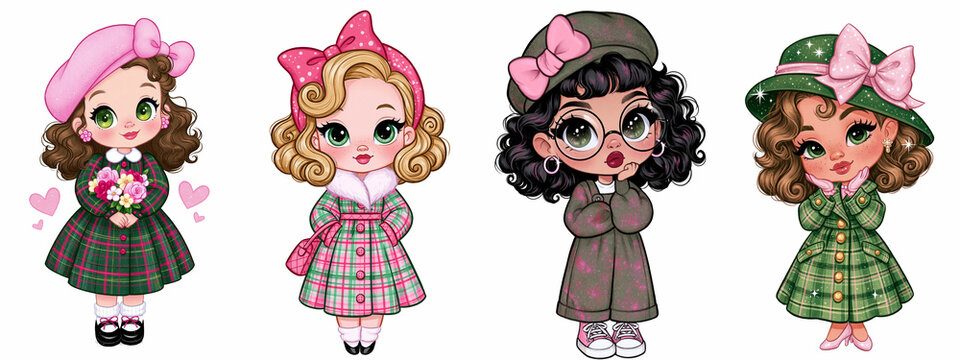 Cute collection of four stylish girl characters in colorful vintage dresses, hats and bows, featuring whimsical fashion, charming expressions and playful storybook aesthetics. isolated on white, 