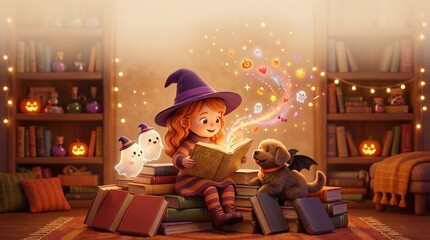 Obraz premium Little girl in witch costume reading a magic book with puppy