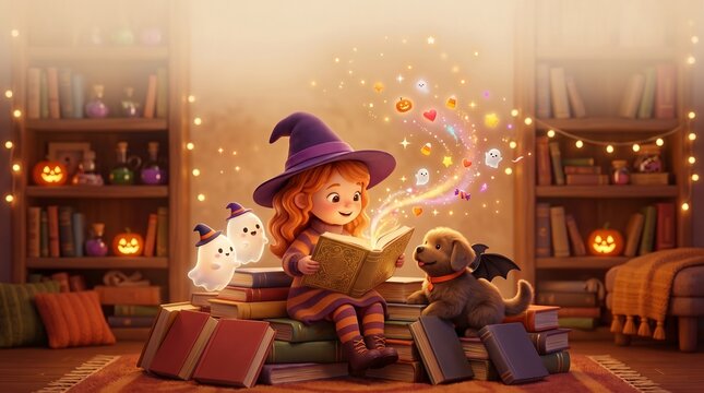 Little girl in witch costume reading a magic book with puppy