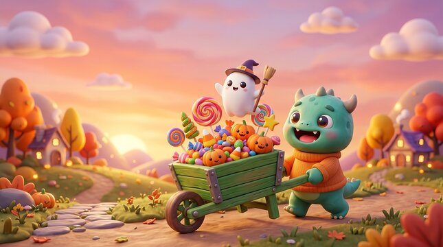 Cute cartoon dragon pushing wooden wheelbarrow filled with Halloween candy treats