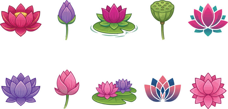 Lotus Flower Vector Icon Collection Featuring Pink and Purple Aquatic Plant Illustrations for Graphic Design Projects