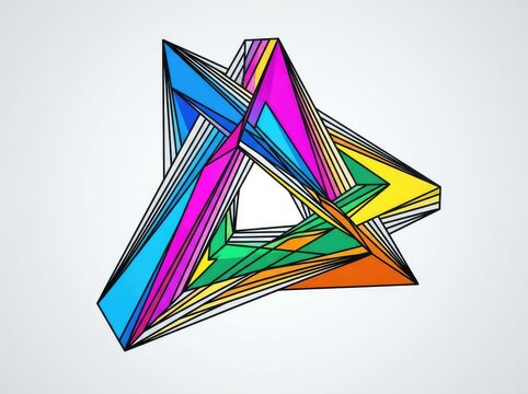 An abstract geometric composition featuring converging black lines that form a complex, impossible triangular structure and optical illusion, structure, black, architectural