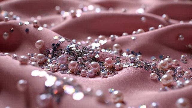 Macro shot of plush pink satin fabric scattered with beads, droplets, and glittering sequins