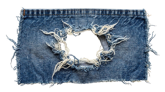 Ripped blue denim fabric patch with frayed edges isolated on transparent background
