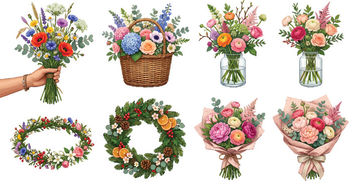 Set of Floral Illustrations Featuring Flower Bouquets Baskets Wreaths and Arrangements as Isolated Vector Graphic Elements