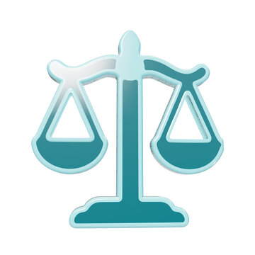3D icon of a balanced scale of justice, teal and light blue gradient symbol with a glossy finish isolated on a solid black background