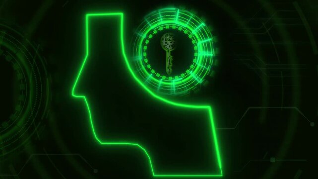 Head silhouette animation glows with a key and target. Biometric authentication clears on head silhouette animation. Identity verification uses this silhouette animation.