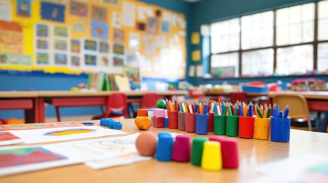 Bright and colorful elementary school classroom interior with art supplies, desks, chairs, and colorful drawings on the wall ready for students to learn