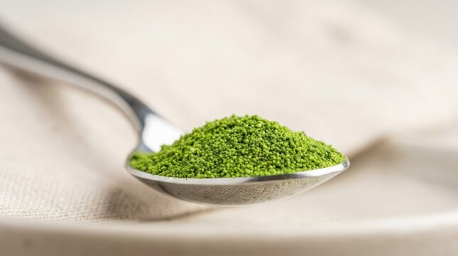 Macro shot of green wolffia superfood powder on a metallic spoon, highlighting the fine texture and natural particles in soft focus, nutrient, duckweed, small