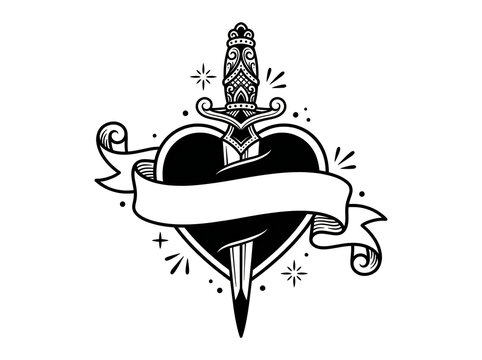 Black and white tattoo style dagger through heart design