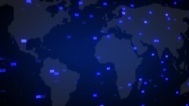 Pixel world map animation displays blue network nodes. Data infrastructure routes on the pixel world map animation. Network tracking links to this map animation.