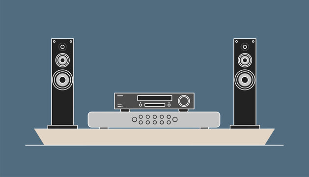 Premium home theater audio system with two tall black floor speakers, a receiver, and an amplifier on a wooden shelf.