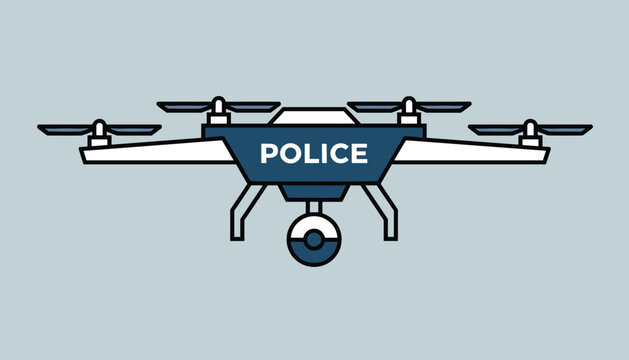 Modern police surveillance drone quadcopter with camera equipment hovering in front of a solid grey background.