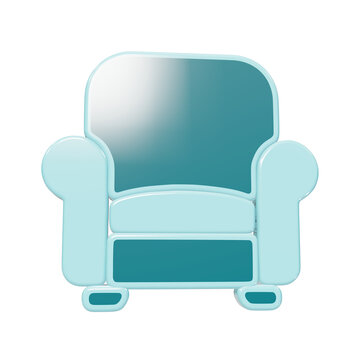 3D icon of a light blue armchair with a glossy finish, isolated on a solid black background, front view of a cushioned living room seat