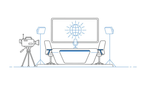 Professional television news broadcasting studio stage interior depicted in clean blue and black outline style.
