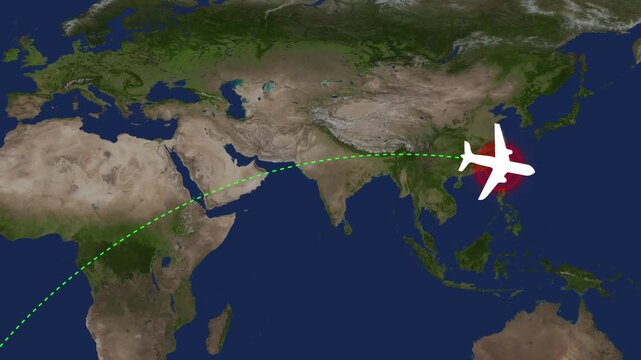 Airplane flight animation follows a path over Earth globe. Tourism route telemetry guides this flight animation. Passenger travel navigation tracks with airplane flight animation.