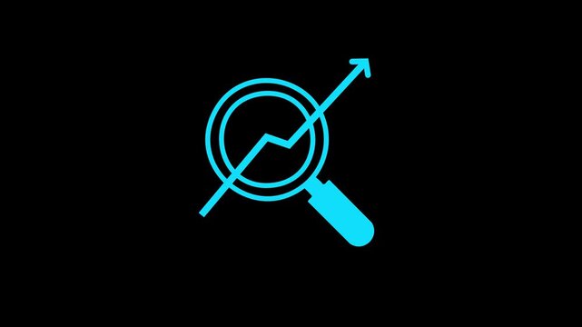 Minimal cyan magnifying glass icon with an upward arrow and rising line graph, symbolizing search, analytics, growth, and performance improvement on a dark background.