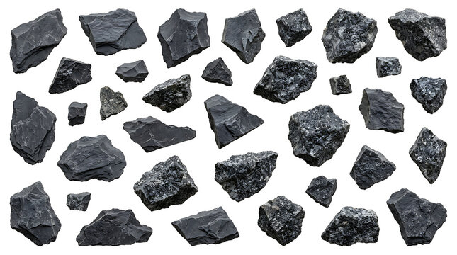 Collection of various dark grey granite and basalt stone fragments isolated on transparent background