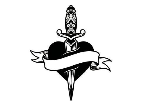 Black dagger through heart tattoo style design