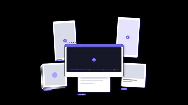 Premium transparent SaaS motion graphic showing one source video being transformed into multiple creator content formats including reels, shorts, carousel, caption, and social post.