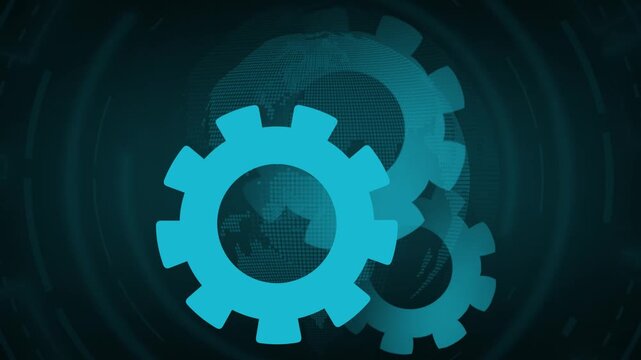 Gears mechanism animation rotates over a dotted map on dark. Industrial engineering links the gears mechanism animation. Automated production runs on this mechanism animation.