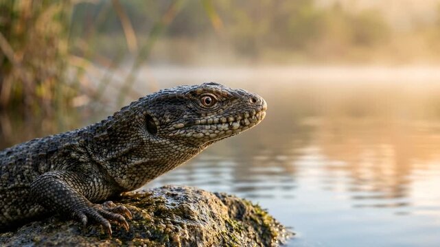 hovasaurus close up at morning light in madagascar ancient triassic landscape video