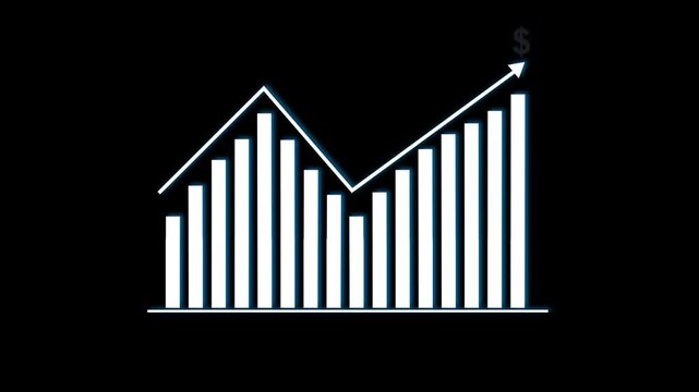 Bar graph animation displays blue columns with a falling line. Negative market data reflects on this bar graph animation. Financial trade losses track across the bar graph animation.