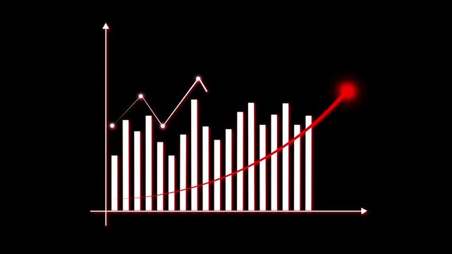 Bar graph animation displays a red line and downward arrow. Corporate loss reflects across this bar graph animation. Economic trading trends guide this bar graph animation.