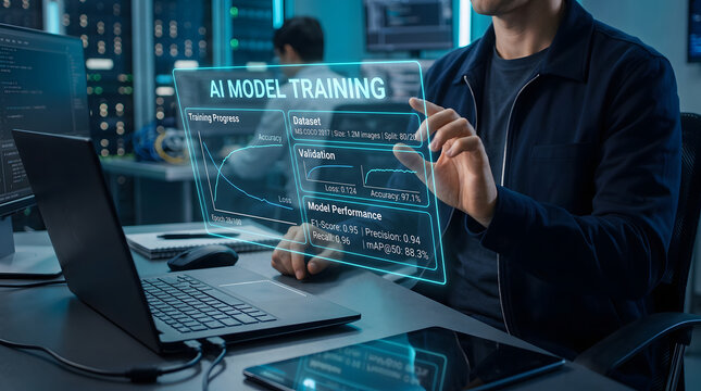 A professional software engineer working on a futuristic holographic interface in a modern high tech computer server room environment