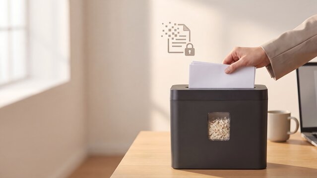 Hand feeding paper documents into office shredder on desk with digital locked document destruction overlay, data privacy and secure disposal