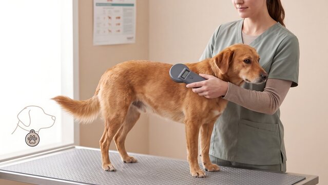 Veterinarian scanning golden retriever dog with microchip reader on examination table in clinic with pet identification tag overlay