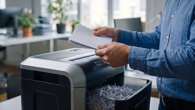 Office worker in blue shirt feeding stack of paper documents into large professional shredder with full waste bin in bright open workplace
