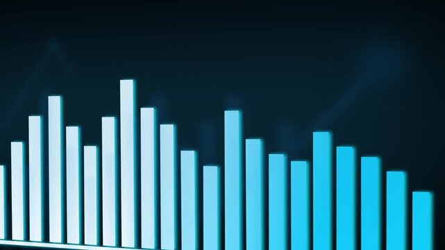 Bar chart animation glows with blue columns across a grid. Business revenue analytics update on the bar chart animation. Economic investment data drives this bar chart animation.