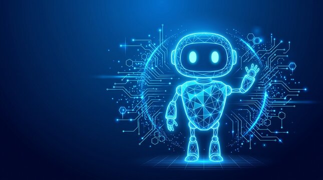 Futuristic digital robot character with glowing blue circuit board patterns and wireframe mesh design, artificial intelligence concept