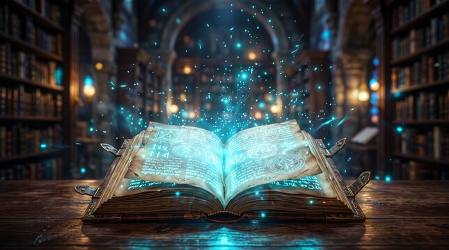 Ancient magical spellbook open on a wooden table in a dimly lit library with glowing blue particles rising from the pages